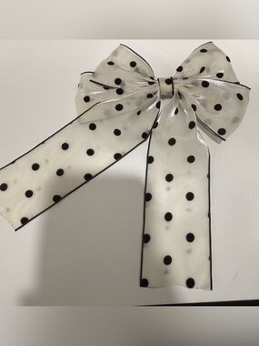 NWOT Unbranded Flocked Polka Dot Sheer Bow Hair Clip - Black on Ivory (good)